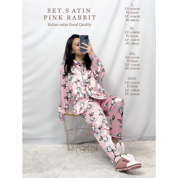 MDLV ~ Baju Tidur Set Satin Pink Rabbit PP Setelan Baju Tidur Celana Panjang Satin Best Seller Fashion Import