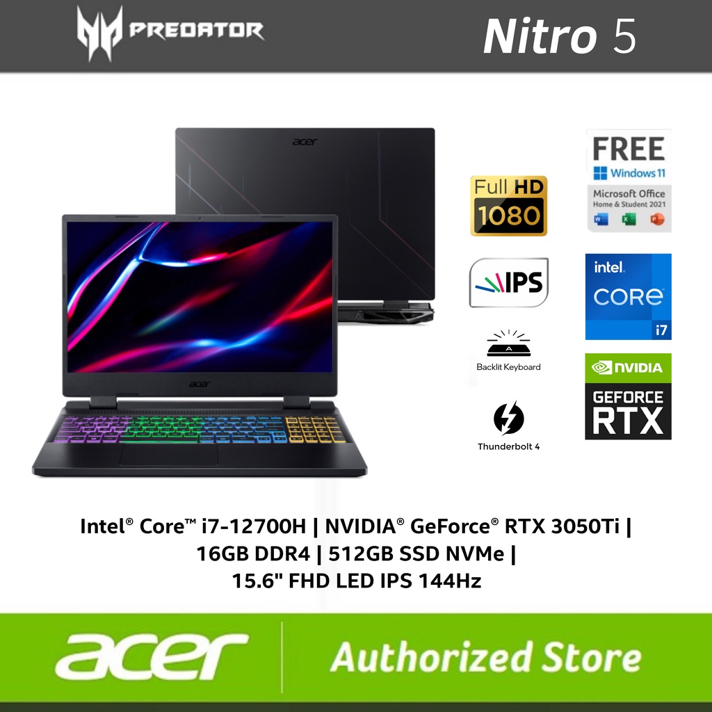 ACER Nitro 5 AN515-58 i7-12700H RTX3050Ti 4GB DDR4 16GB SSD 512GB 15.6&quot; FHD 144Hz W11 OHS