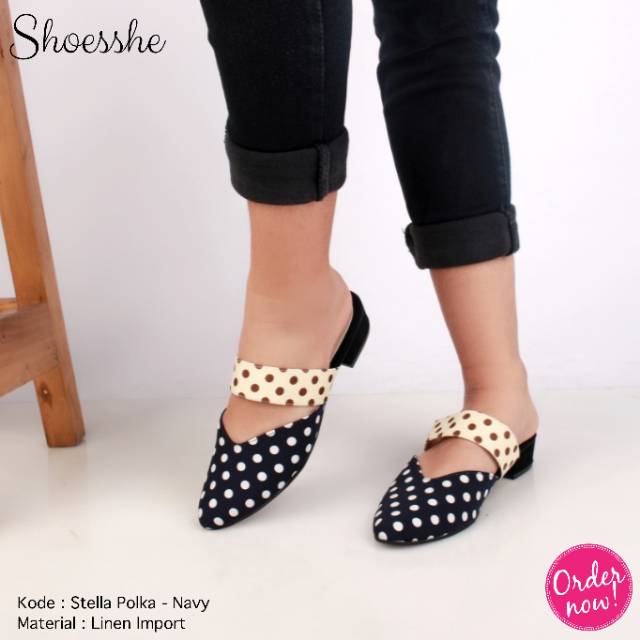 Fsb - Sepatu Mules Wanita(Stella Polka - White x Navy)