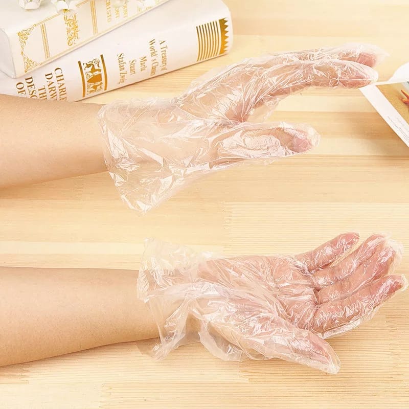 Sarung Tangan Plastik Isi 100Pcs Disposable Plastic Gloves Sekali Pakai Bening Polos Transparent