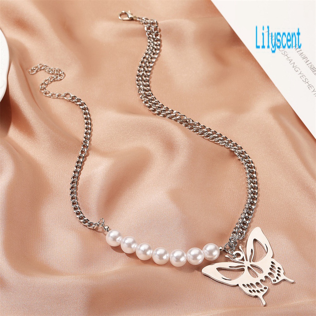 Kalung Choker Double Layer Liontin Kupu-Kupu Aksen Mutiara Imitasi Untuk Wanita