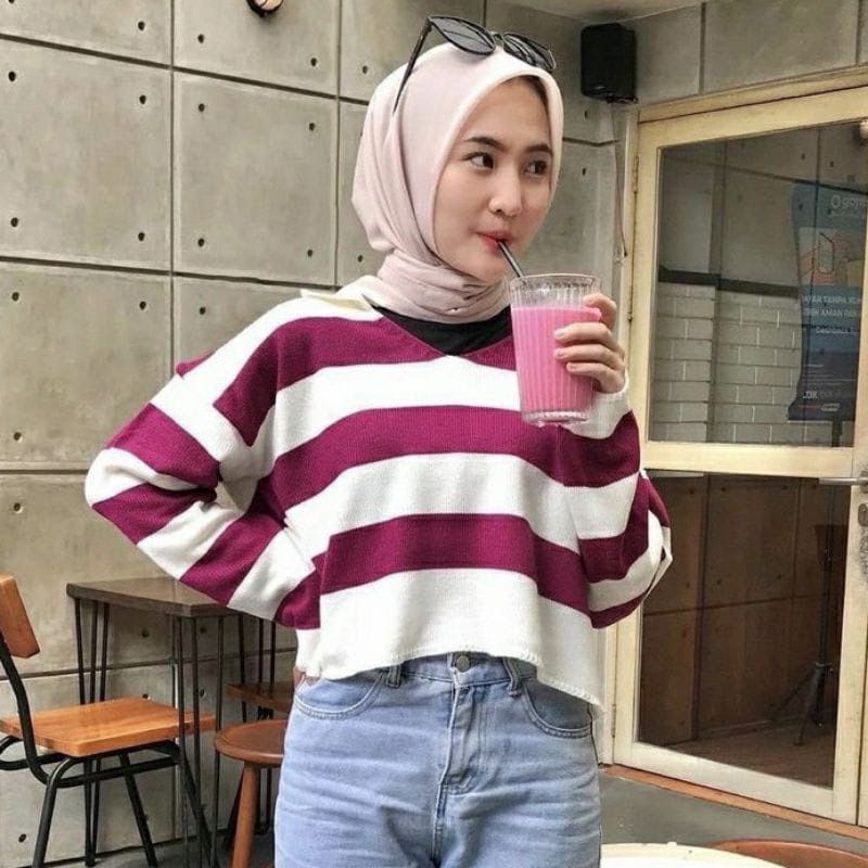 FUJI CROP ATASAN BLASTER STRIPE - BLOUSE RAJUT CROP TOP KOREA - SWEATER WANITA