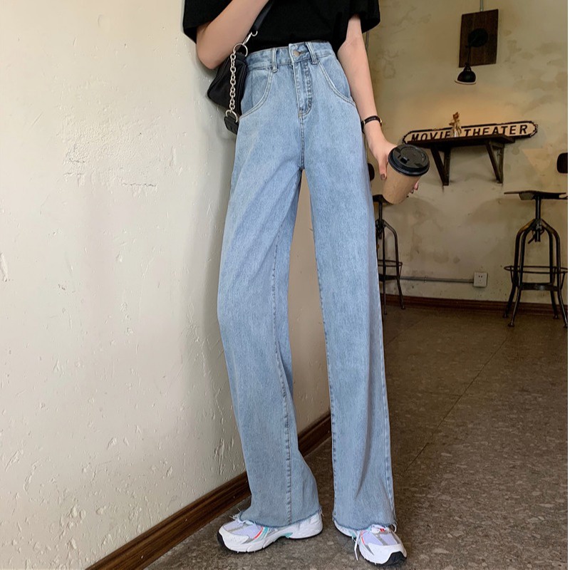 Impor korean new unfinished high waist straight leg jeans celana jeans panjang wanit