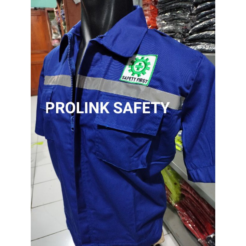 LENGAN PENDEK RESLETING BAJU SAFETY BIRU WEARPACK ATASAN BERLOGO K3 BENDERA