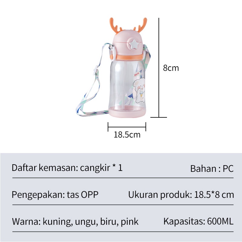 Letyeah &amp; Kaizenliving Botol minum anak 600ml bpa free / botol minum lucu sedotan dengan tali