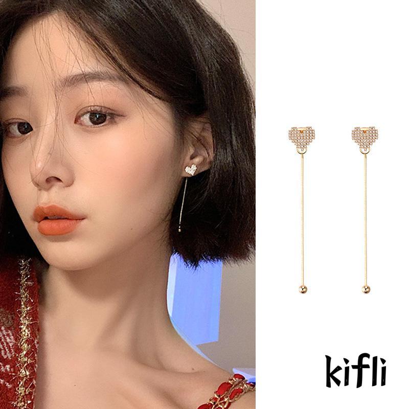 Anting Tusuk Gantung Panjang Desain Hati Hias Berlian Imitasi Untuk Wanita