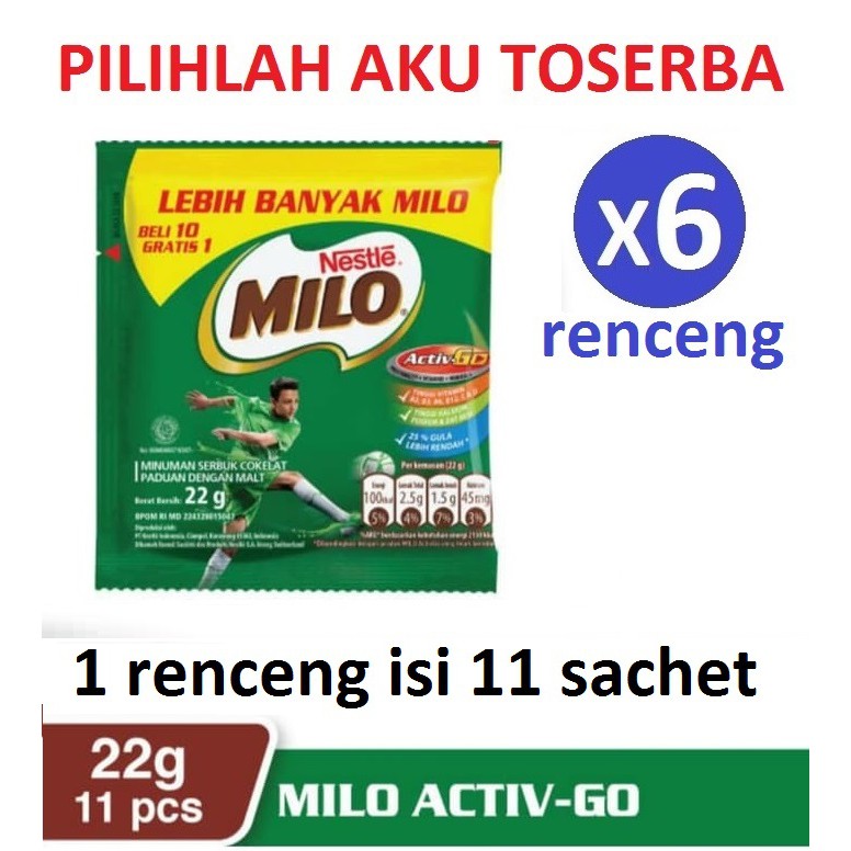 Milo Renceng Activ-Go Cokelat Malt 22 gr x 11 sachet ( HARGA 6 RENCENG )