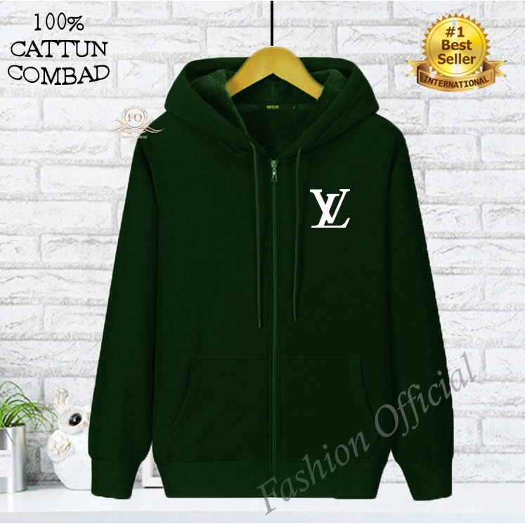 COD Jaket Sweater Hoodie Resleting Zipper LV Print Putih Premium Quality Bahan Fleece Tebal Pria & W