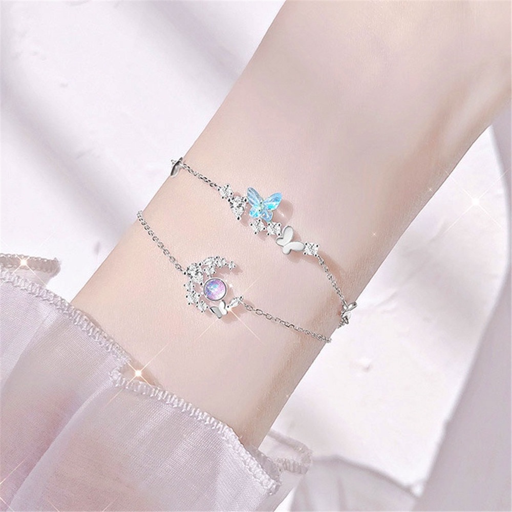 Gelang Bangle 925 Silver Liontin Bunga Mawar Bulan Adjustable Gaya retro Untuk Wanita