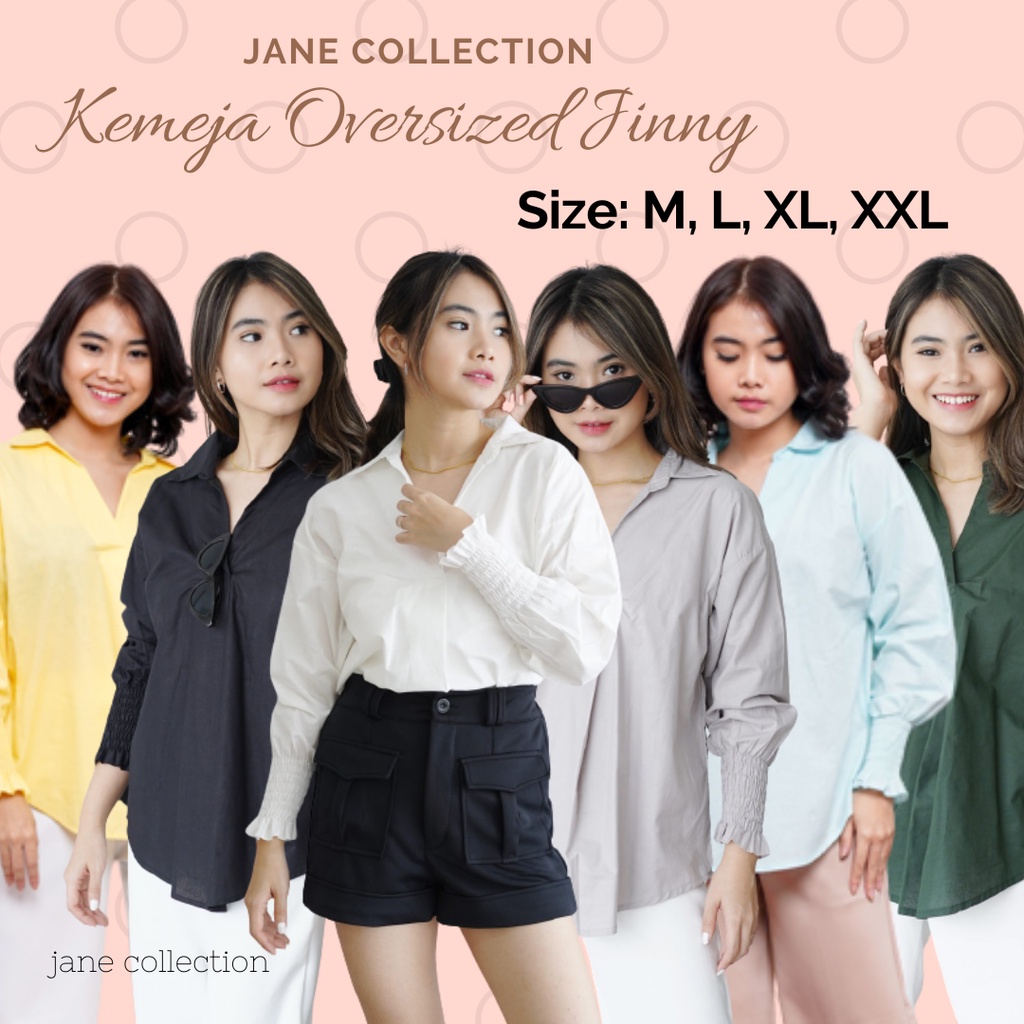 JANE COLLECTION || Kemeja Putih Wanita Kemeja Kerja Lengan Panjang Kerut Jumbo Pink Ukuran M L XL XXL Cocok Sebagai Inner Dalaman Kemeja Oversized Jinny Hitam