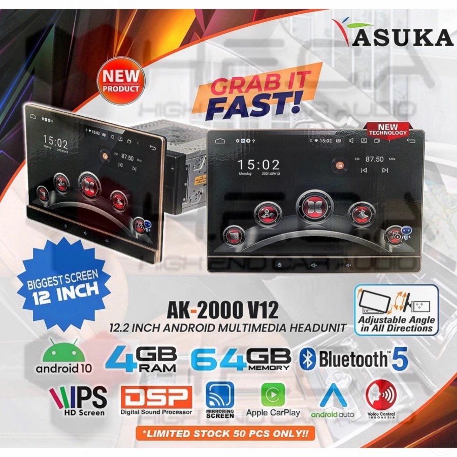 Asuka AK-2000 V12 Head Unit 12" Android Tape Audio Mobil 12 inch