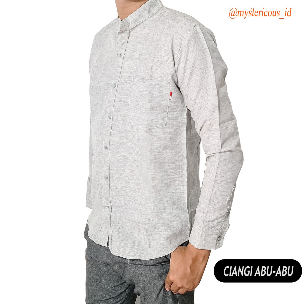 MYSTERICOUS Kemeja Linen Polos Pria Lengan Panjang CIANGI / Kerah Bulat / Pakaian Formal &amp; Kasual