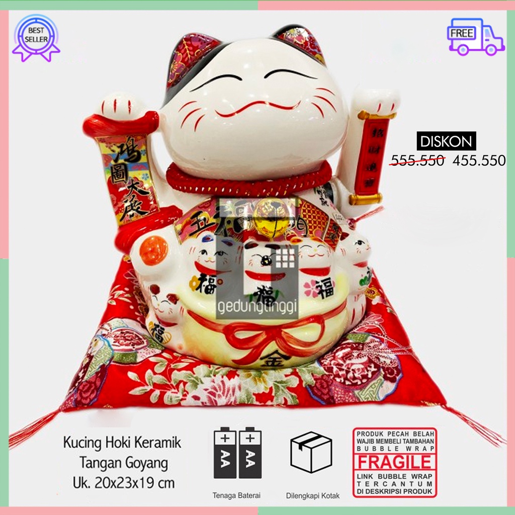 Pajangan Patung Hiasan Dekorasi Boneka Kucing Panggil Hoki Maneki Neko Maneko Neki Lucky Cat Rejeki Rezeki Keberuntungan Keramik Cina China Jepang Baterai Batrai Batre Listrik Tangan Gerak Goyang Hias Meja Etalase Toko Kantor Resto Cafe Kafe Murah Diskon