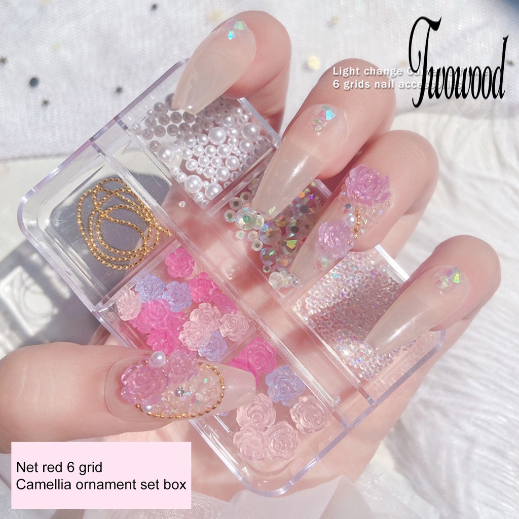 6 Grid / Kotak Aksesoris Kuku Bentuk Bunga Kamelia Warna Putih Mutiara Untuk Nail Art Wanita