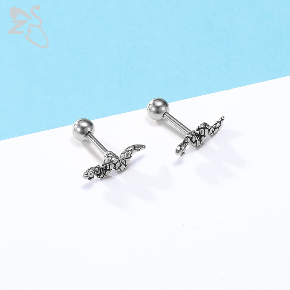 1 Pasang Anting Stud Tindik Tulang Rawan Bentuk Ular Bahan Stainless Steel 316l 6 Warna Gaya Punk Vintage