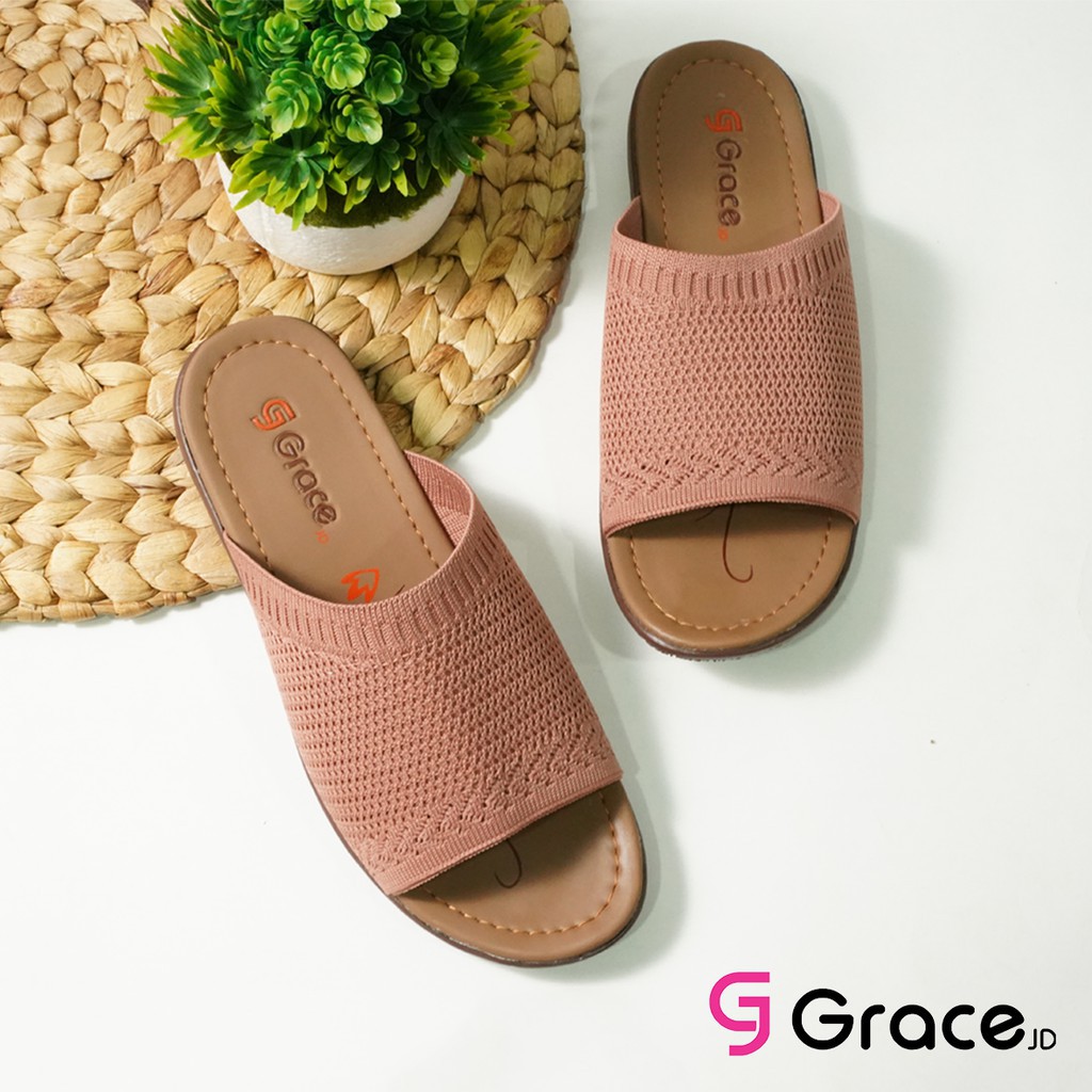 Grace(RJB 01)/Sandal Teplek Wanita Distro Selop Rajut Flat/sandal slop karet rajut cewek Murah-1