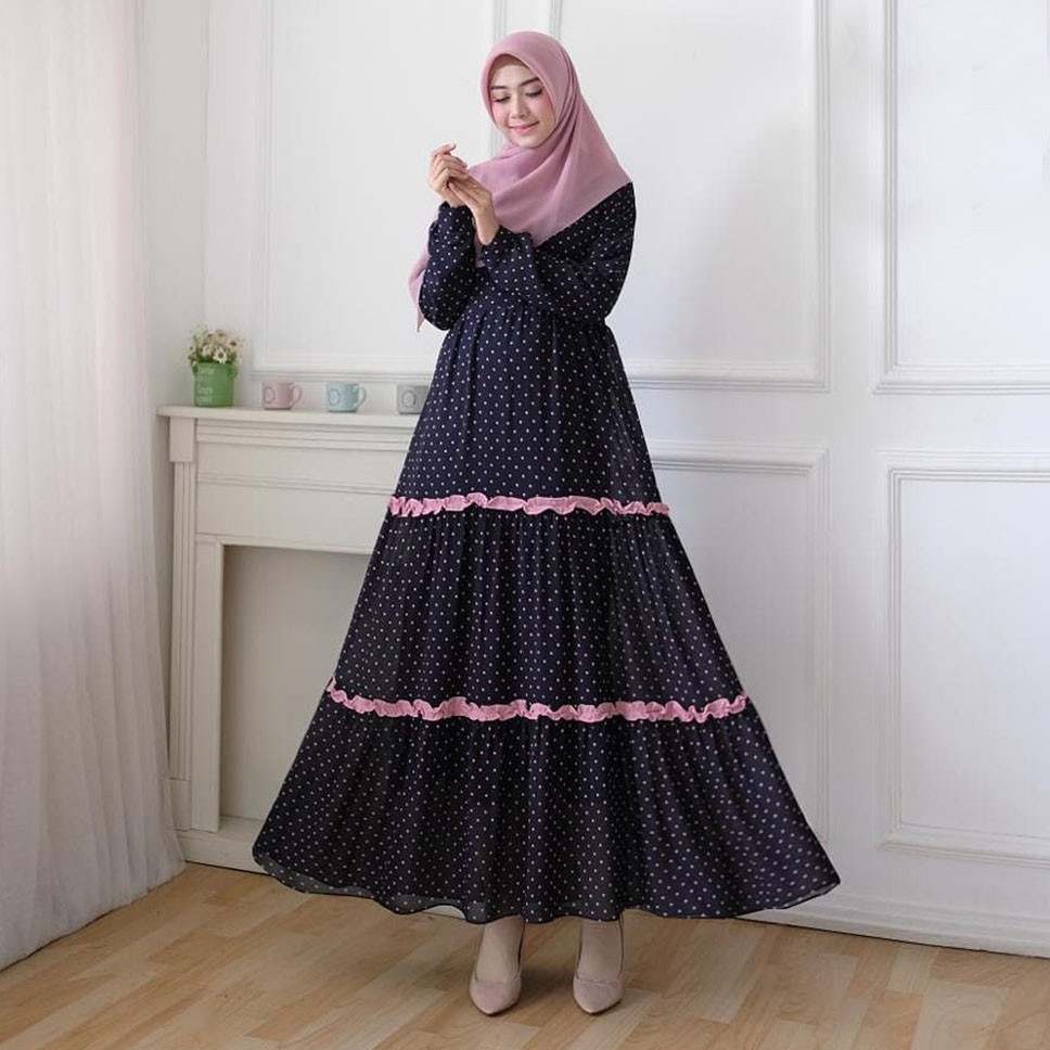 Polkadot Dress Maxi - Gamis Muslim Cewek Sporty Jumbo Kekinian Murah elegan mewah