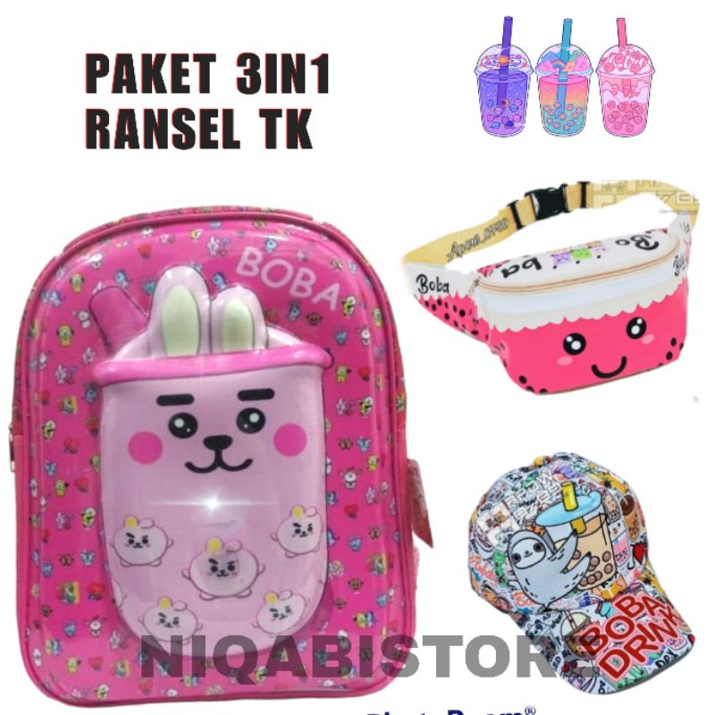 Paket 3in1 Tas boba led anak paud TK gratis topi wesbag