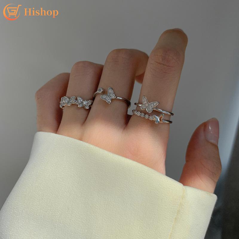 Set Cincin Desain Kupu-Kupu Aksen Kristal Warna Silver Untuk Wanita