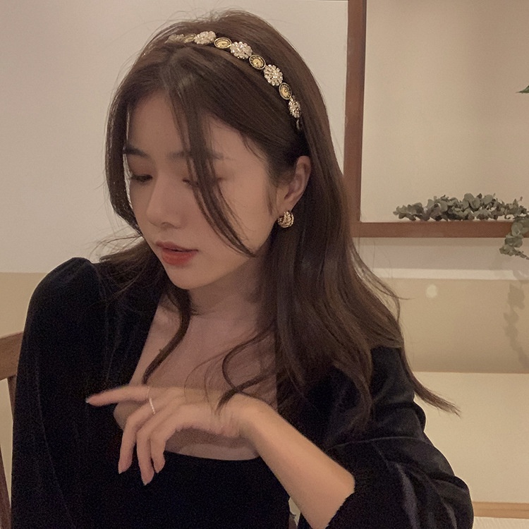 BANDO RETRO KOREA BLACK METAL MUTIARA ELEGAN KOREAN STYLE BANDANA HITAM POLOS BEADED HEADBAND PEARL PESTA HIGH-END BENDO PESTA FORMAL