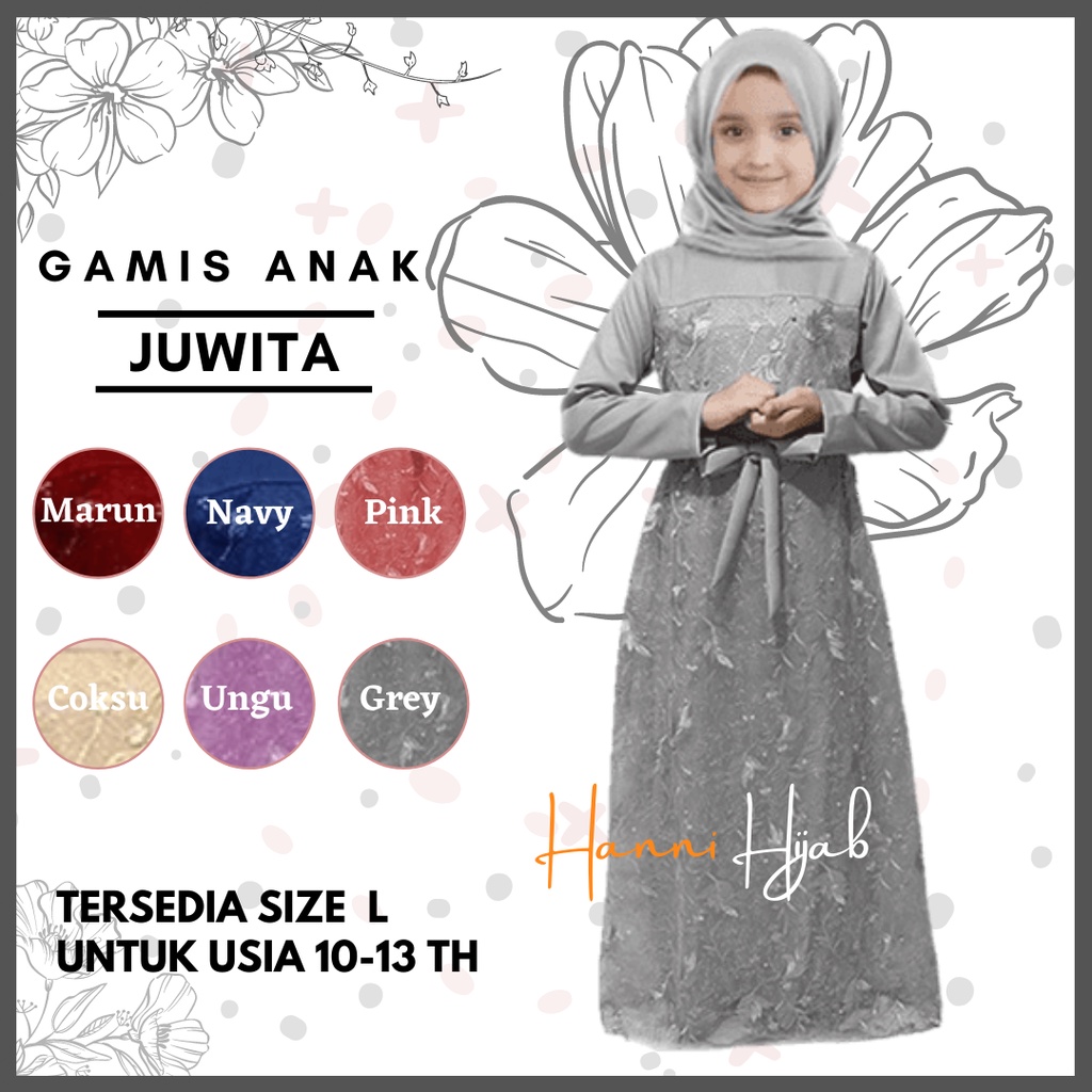 HanniHijab Gamis Pesta Anak Perempuan Remaja JUWITA KIDS UMUR 10-13 tahun Brokat Tile Rubby Gaun Bru