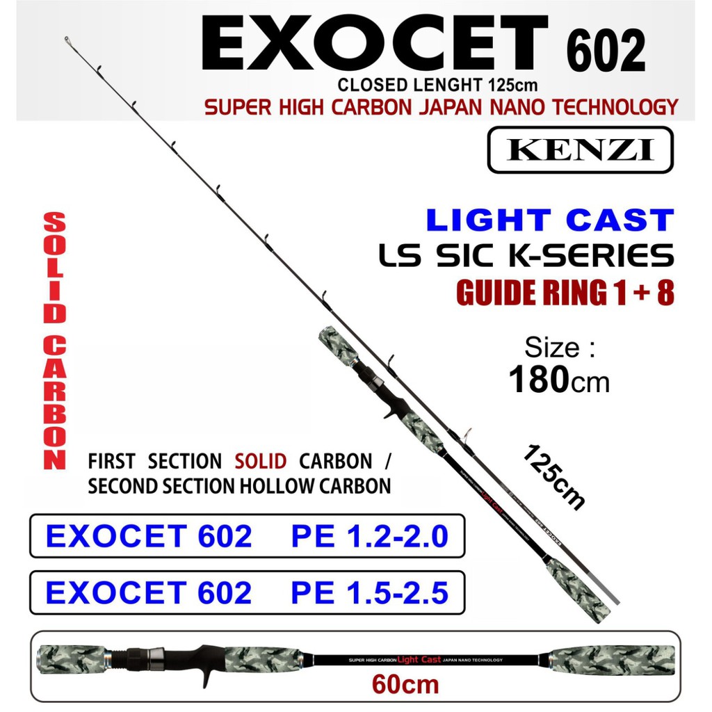 JORAN KENZI EXOCET 602 PE 1.2-2.0 DAN 1.5-2.5 180CM LIGHT CAST ROD LS SIC K SERIES BAIT CASTING BC