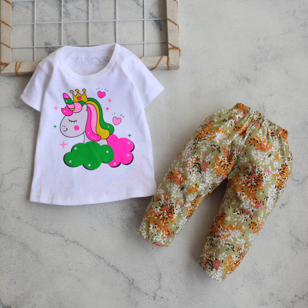 FILCO Motif Crown Unicorn / Setelan Baju Celana Anak Bayi Perempuan cewek usia 0 bulan - 12 bulan