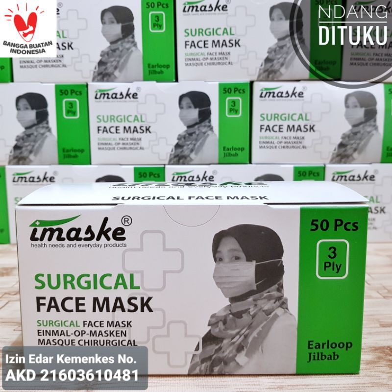 Masker Medis IMASKE 3 Ply Surgical Face Mask 50 Pcs Izin Kemenkes - Headloop (Hijab)