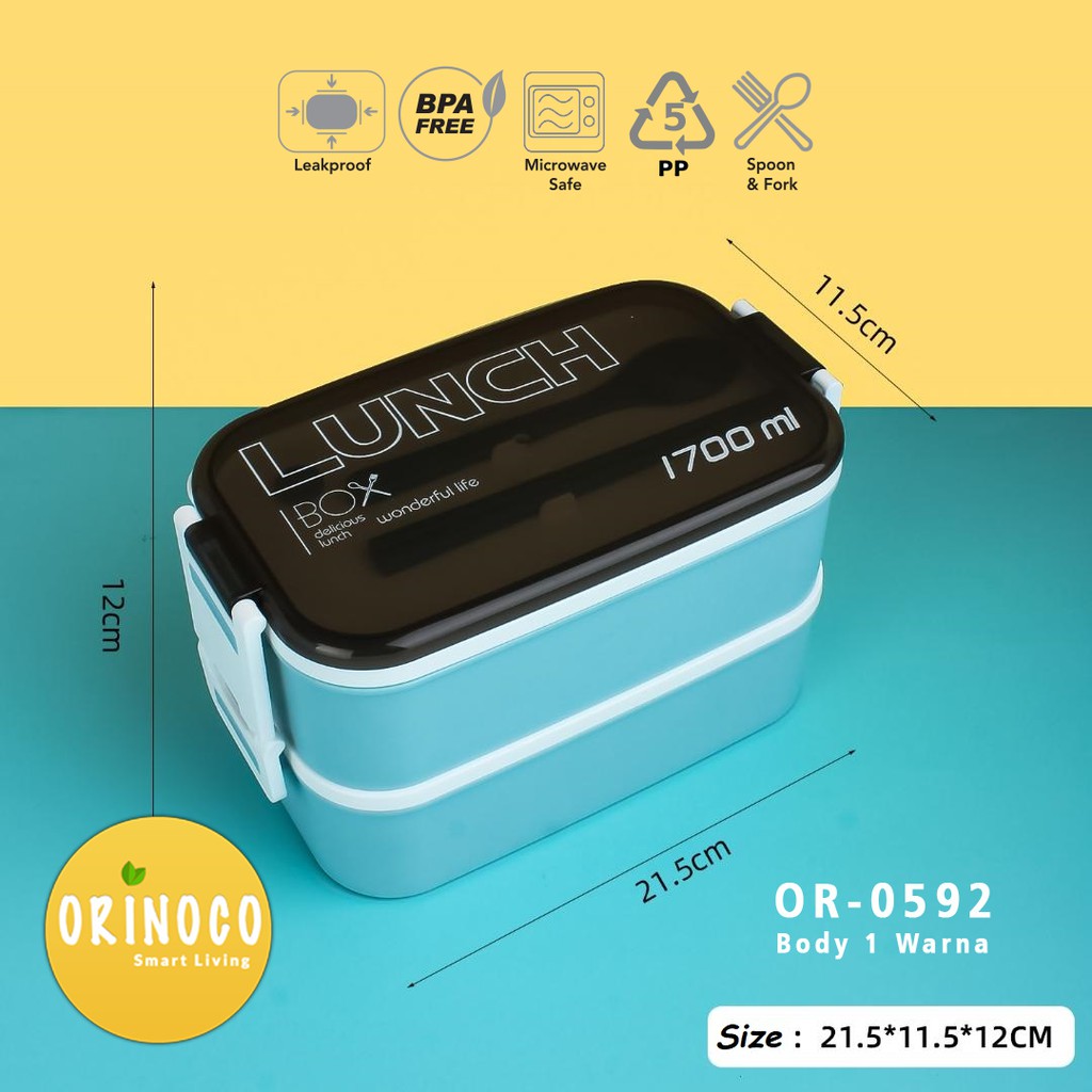 Tempat Makan Orinoco Kotak Makan Ukuran Besar 1700 ML Anti Tumpah 2 Susun/Layers Free Sendok Garpu O