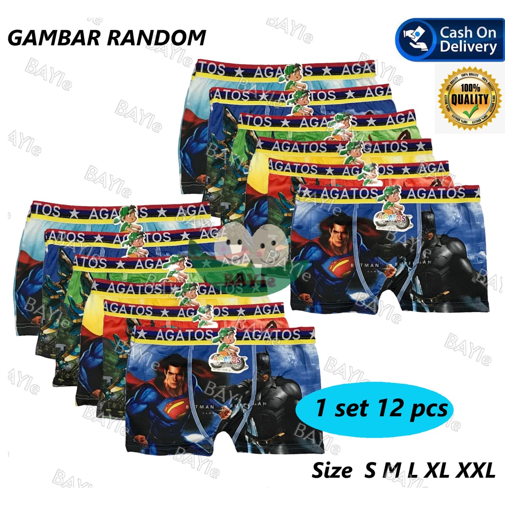 BAYIe - 12 PCS Celana Dalam / CD BOXER Anak laki-laki HAPPY BOY / AGATOS / Kid's Underwear