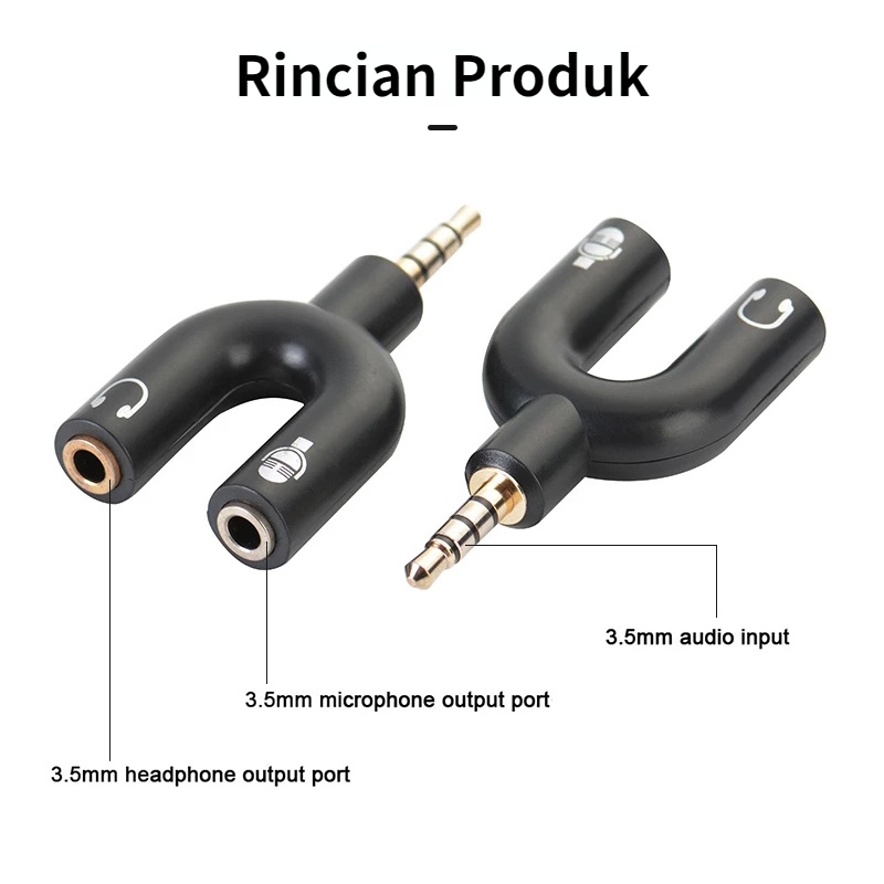 2in1 U Bentuk 3.5mm Audio Splitter Male To Dual Female Plug Stereo Audio (mikrofon &amp; stereo)