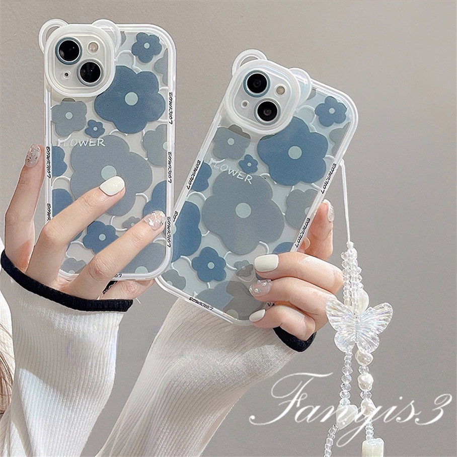 Compatible For iPhone 14 13 12 11 Pro Max X XR Xs Max 8 7 6 6s Plus SE 2020 Soft Case Pelindung Tanpa Lanyard Motif Bunga Biru Untuk