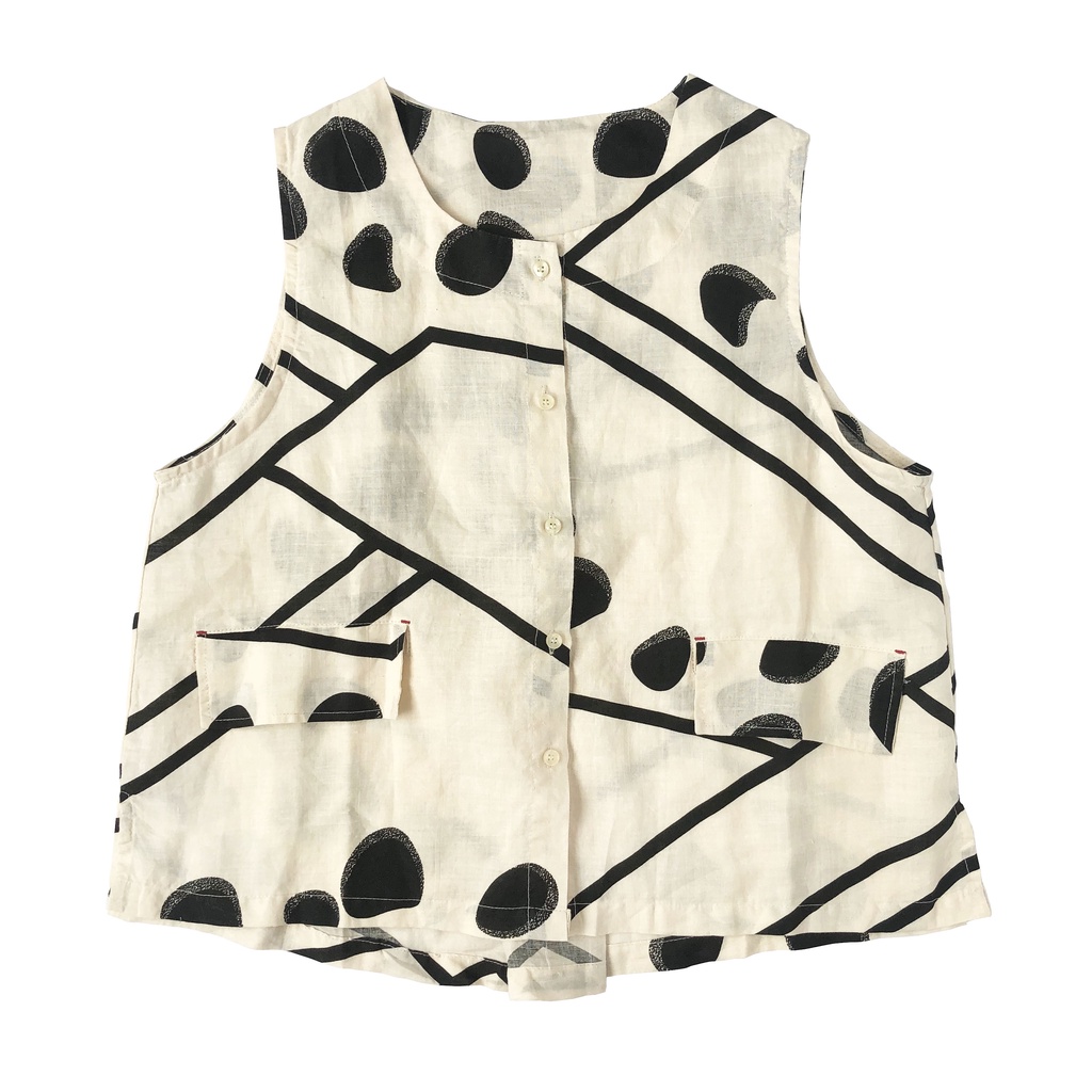 BLUS VEST LINEN KUTUNG PUTIH IVORY DOT GARIS HITAM OVERSIZE KOREA