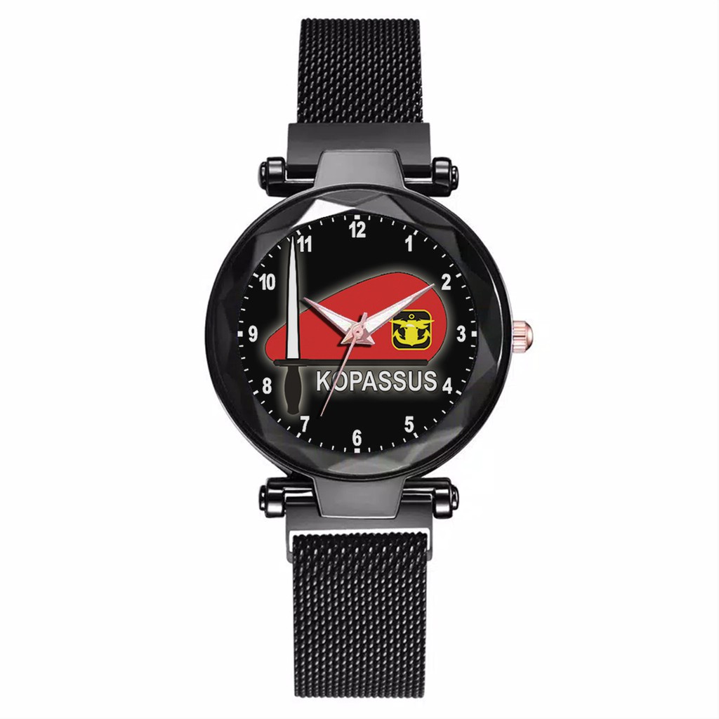 Jam Tangan Wanita Custom - KOPASSUS BAYGROUND HITAM  MOTIF 1 Free Box &amp; Batre Cadangan