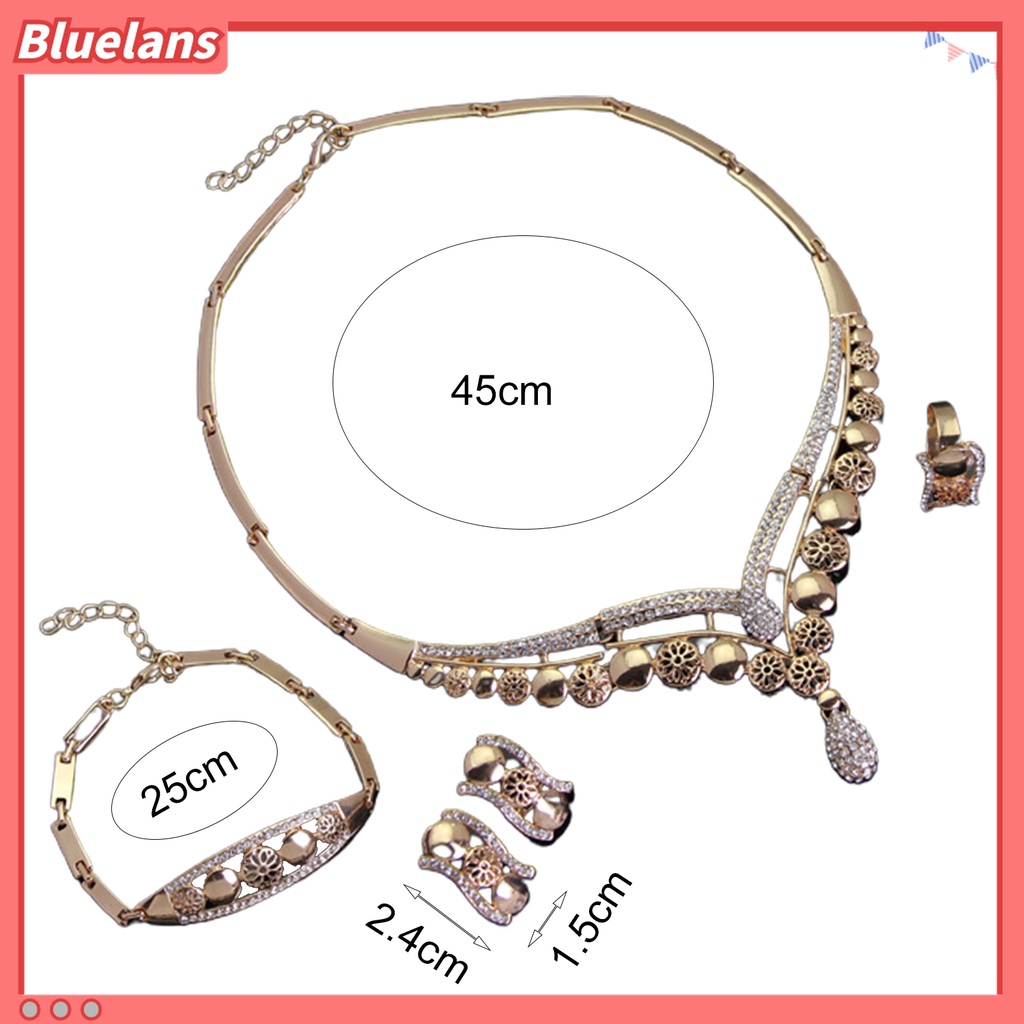 4pcs / Set Kalung Choker Anting Gelang Cincin Berlian Imitasi Bentuk Geometris Hollow Untuk Wanita