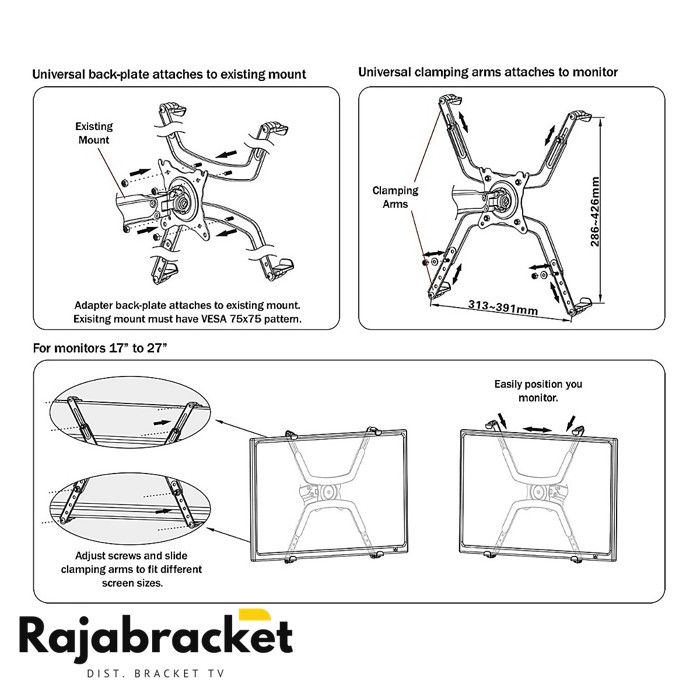 Vesa Monitor 17 - 27 inch, Bracket Monitor Vesa Extended for Monitor Without Vesa (Clamp)