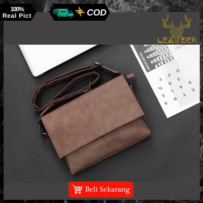 Tas Selempang Kulit Pria Kerja Original Import Model Terbaru 2022 Warna Coklat Khaki Waterproof | Tas Slingbag Messenger Kulit Cowok Ori Distro Keren Anti Air Murah Berkualitas TANGO B67