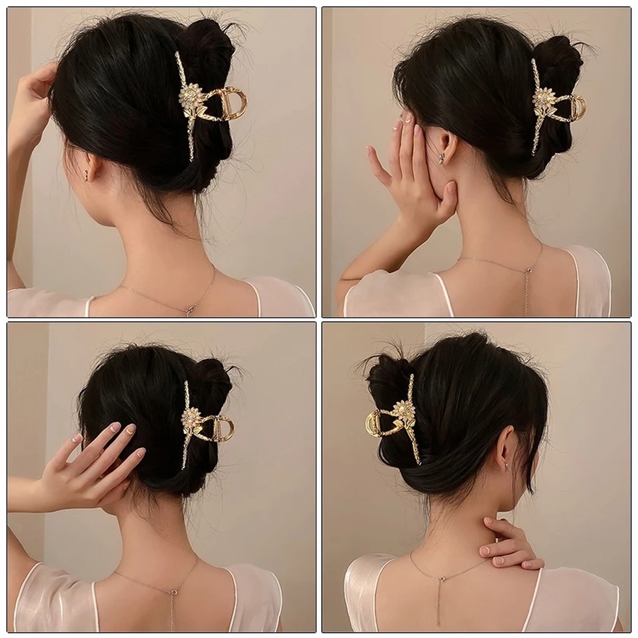 Jepit Rambut Bentuk Bunga Bahan Metal Warna Emas Gaya Korea Untuk Wanita