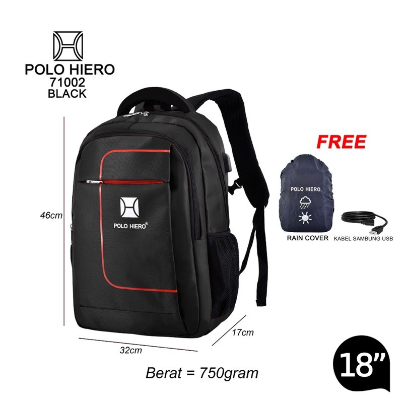 { FF } Tas Ransel Sekolah / Kuliah Polo Hiero 71002 ‘18in { Free Rain Cover , Free Kabel USB Extension }