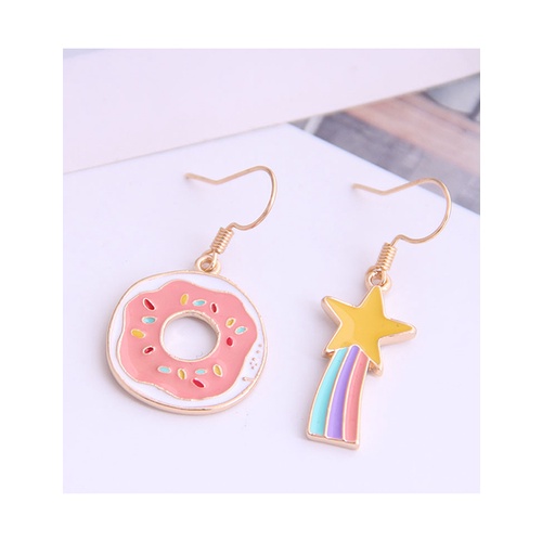 LRC Anting Gantung Fashion Color Mixing Drop Of Oil Asymmetrical Donut Five-pointed Star Alloy Earrings A61280