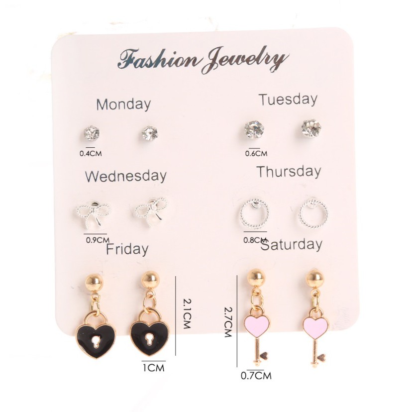 6 Pasang Anting Set #16 GEMBOK Tindik Tusuk untuk 1 Minggu Korea Fashion Earrings Pria Wanita Stud