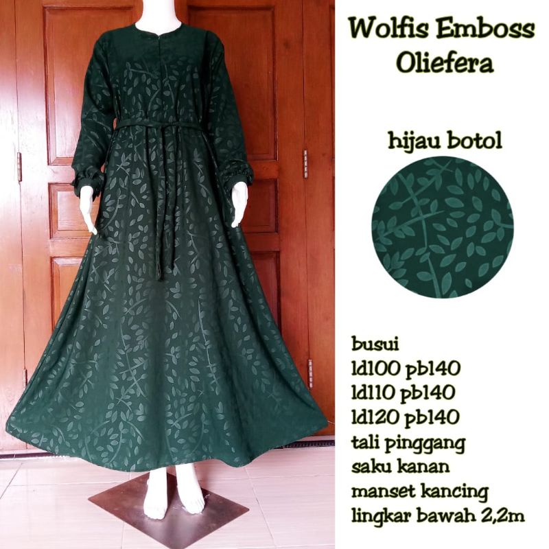 gamis syari wolfis embos motif-hijau botol oliefera
