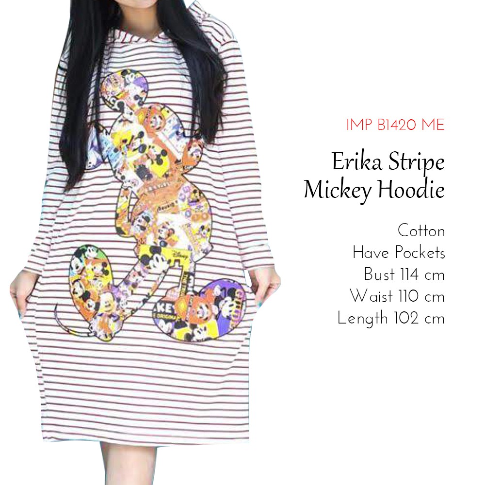 Dress Hoodie Wanita Dress Mickey Lengan Panjang - Erika Stripe Mickey Hoodie Dress