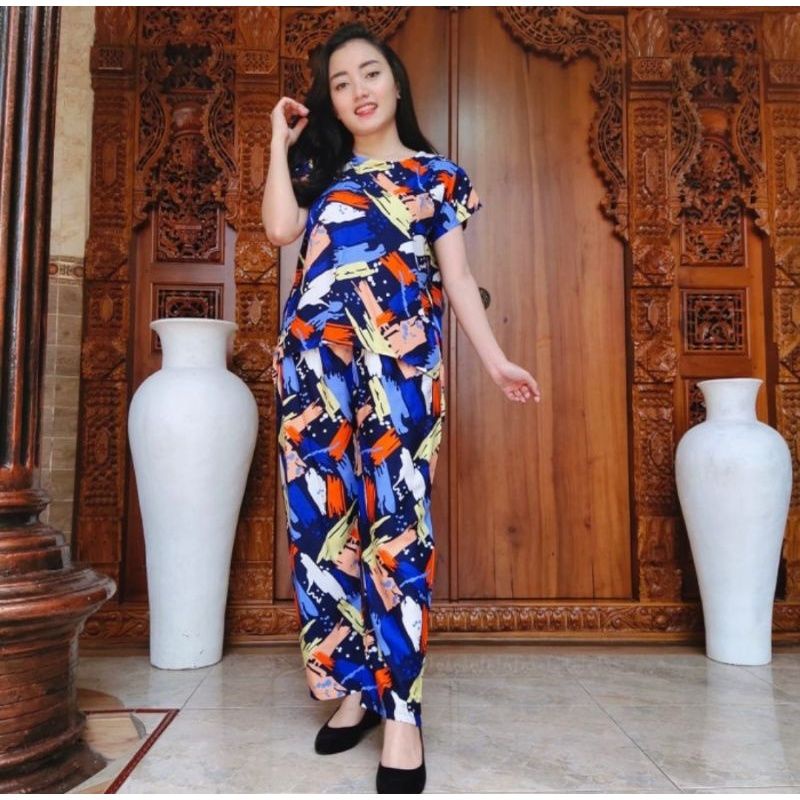 Setelan Celana Panjang One Set Piyama Bali Ethnic Batik-Strip Navy