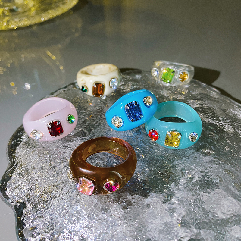 Korean Fashion Candy Color Inlaid Gemstone Ring Cute Multicolor Acrylic Rings Jewelry Accessories