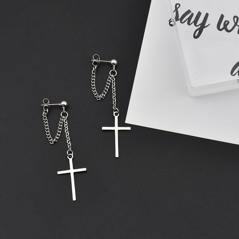 Magic789 Punk Cool Silver Chain Tassel Cross Earrings for Women Girls