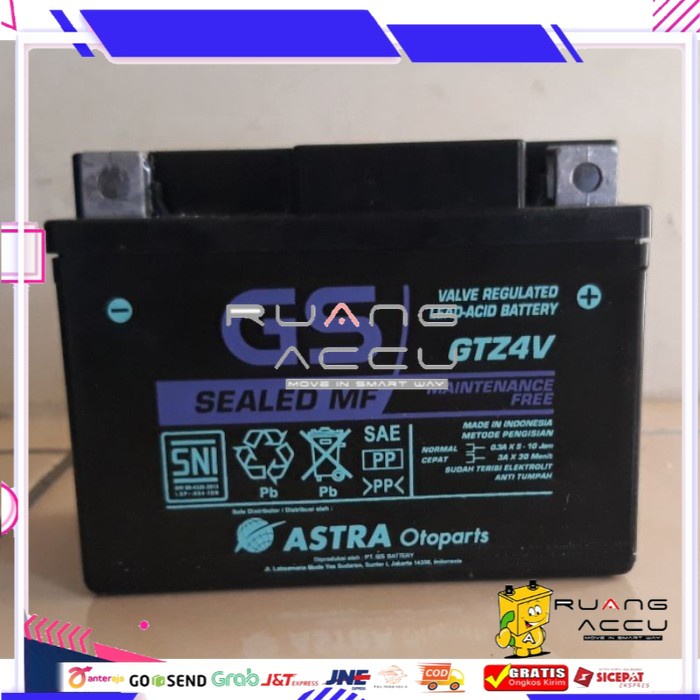 Accu/Aki Motor Kering GS Astra GTZ4V untuk motor Beat, Scoopy, Revo, Vixion, Blade, CRF 150, Genio, 