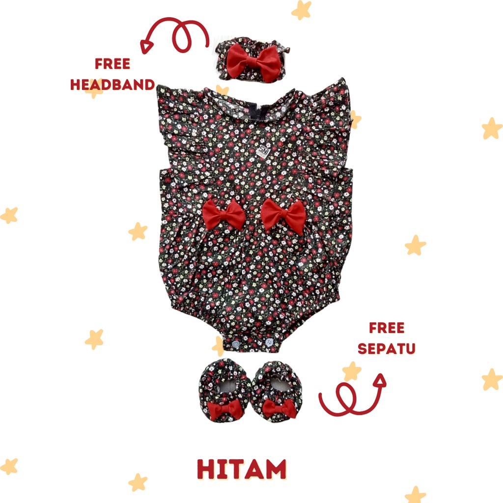 RENKIDSWEAR Maryln FLEURI jumper sepatu  set free bando+ headband romper newborn lucu katun 0-12 bulan baju kodok bayi baju set bayi kado newborn 1 tahunan bando