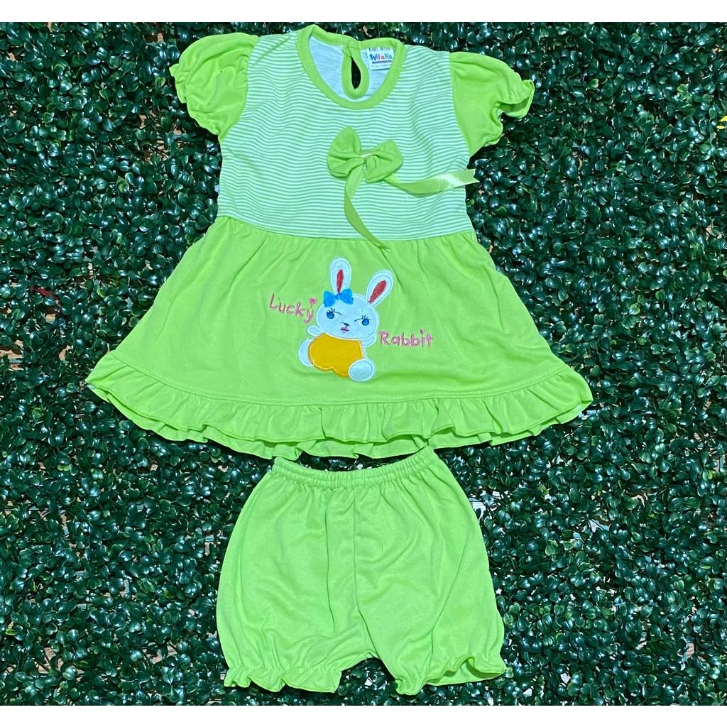 baju bayi dress motif luky bit setelan 3-8bulan