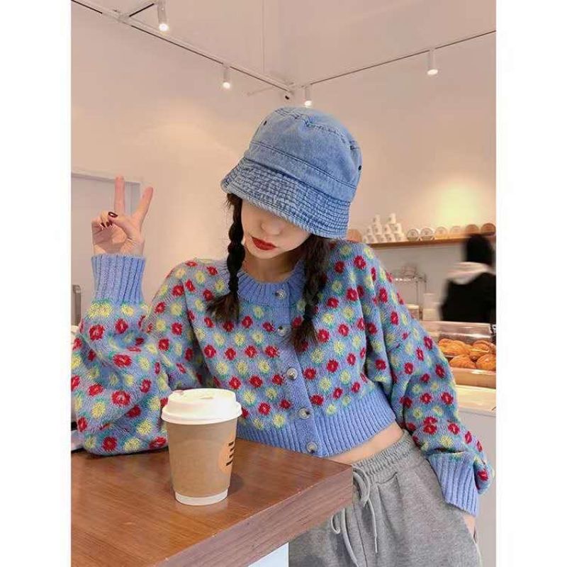 IMPORT WOMAN KNIT FLORAL CARDIGAN KOREAN STYLE KARDIGAN RAJUT WANITA KNITWEAR OUTER